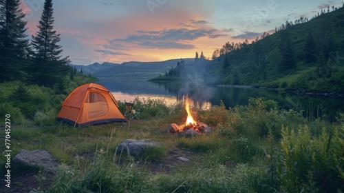 A tent glows warmly against the backdrop of a mountainous sunset, embodying the spirit of outdoor adventure.