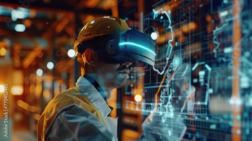  medium shot of an engineer using a virtual reality headset to visualize a construction project in 3D, futuristic interface elements floating around