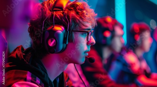 Intense concentration of a pro gamer during an esports tournament with vibrant lighting.