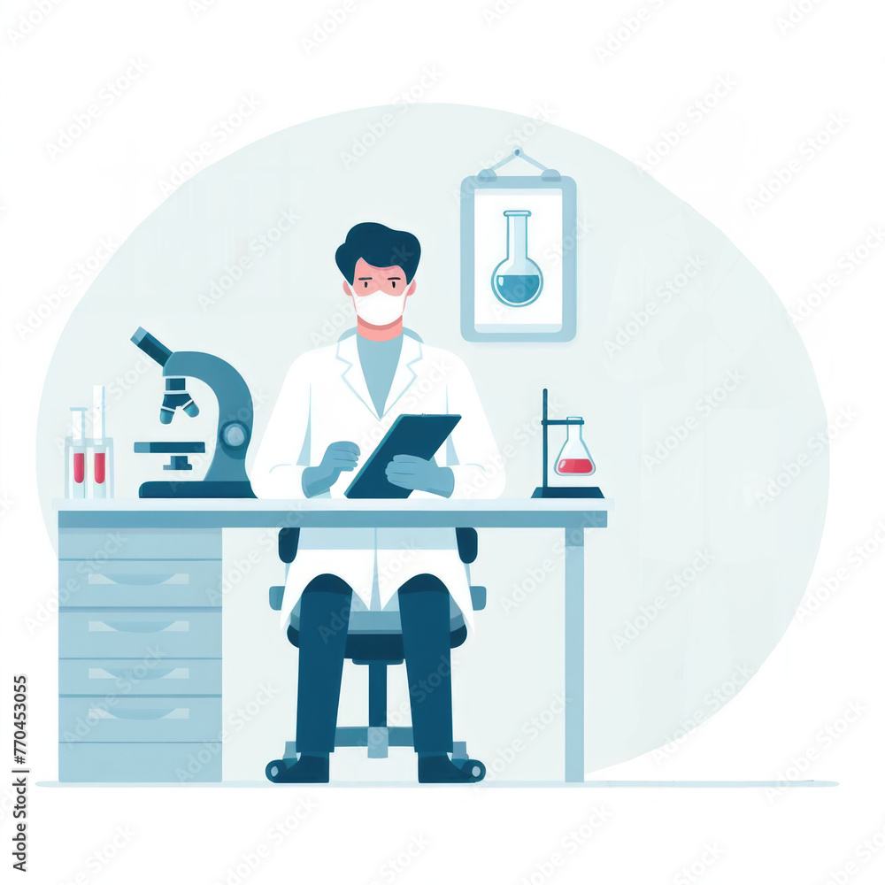 scientist in a lab coat and mask is immersed in research, surrounded by equipment like test tubes, a microscope, and a computer. The image evokes an atmosphere of innovation and discovery.
