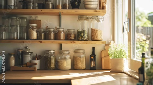 Morning sun streams into a cozy kitchen  highlighting a pantry stocked with healthy ingredients.