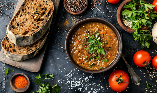 Bowl of spicy lentil soup with bread on a black background