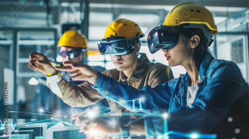 A close-up of a group of engineers using augmented reality glasses to collaborate on a design project © EmmaStock
