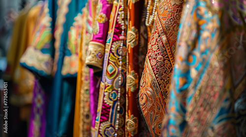 Close-up of bright and detailed embroidery on traditional outfits, showcasing the skill and beauty in cultural attire