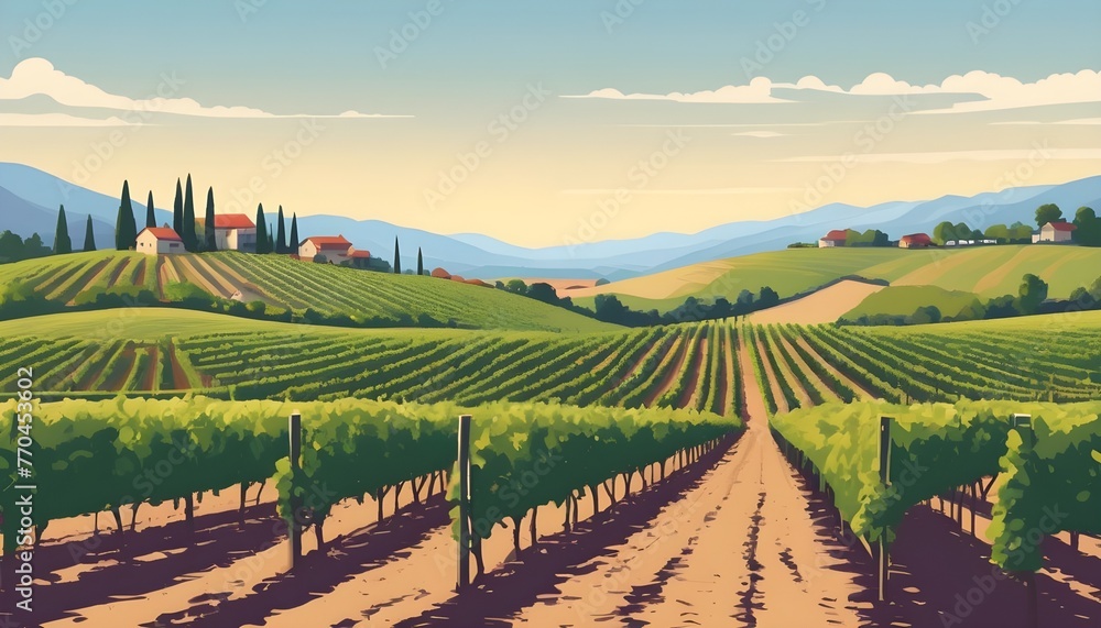 Framed by the quaint village scenery, a tranquil vineyard exudes a sense of serenity and abundance, its rows of grapevines stretching towards the horizon, a tranquil oasis in the midst of rural life.
