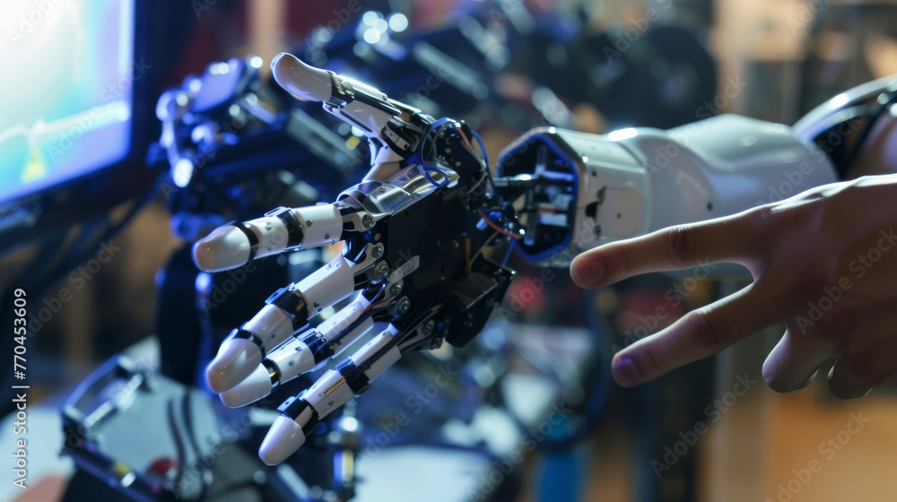 A close-up of a person using a brain-computer interface to control a robotic arm A close-up of a person using a brain-computer interface to control a robotic arm