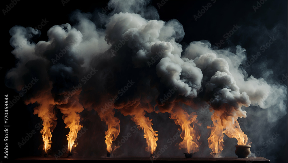 pots with fire and smoke, smog, burning , on a completely black background for overlay screen