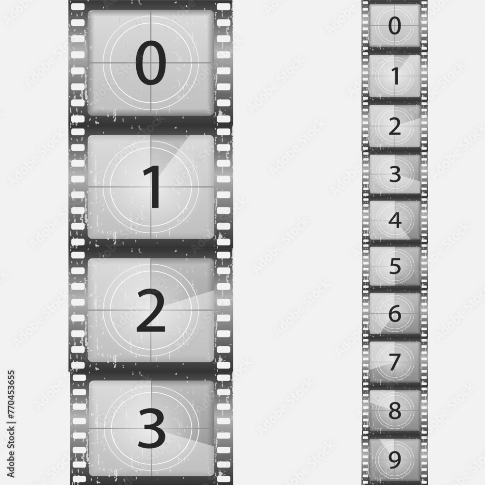 Big set a classic film countdown frame at the number one, two, three, four, five, six, seven, eight and nine. Old film movie timer count. Movies countdown vectors set. Vector Illustration