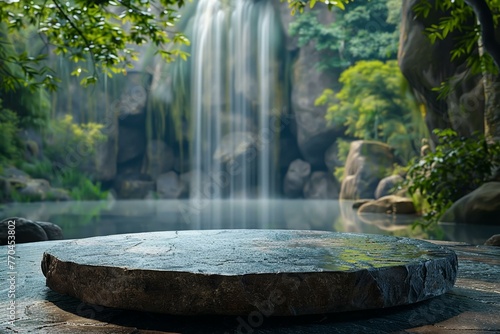 Natural Stone Podium, front view focus, with a Serene Waterfall Background, ideal for organic beauty products