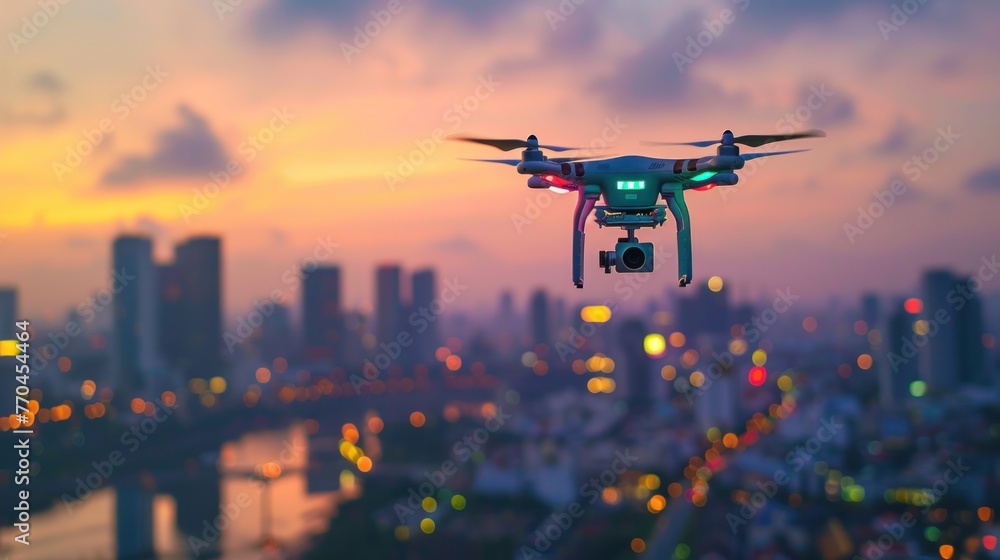 Flying drone on the sunset orange sky and cityscape background with high resolution digital camera