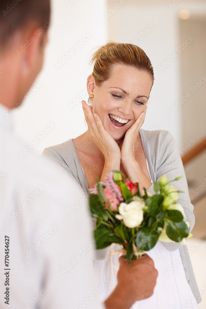 Wow, surprise and woman with flowers for wedding, marriage and love with man for bonding in background. Female person, girl and wife with husband for bouquet, union and partnership of couple together Wow, surprise and woman with flowers for wedding, marriage and love with man for bonding in background. Female person, girl and wife with husband for bouquet, union and partnership of couple together