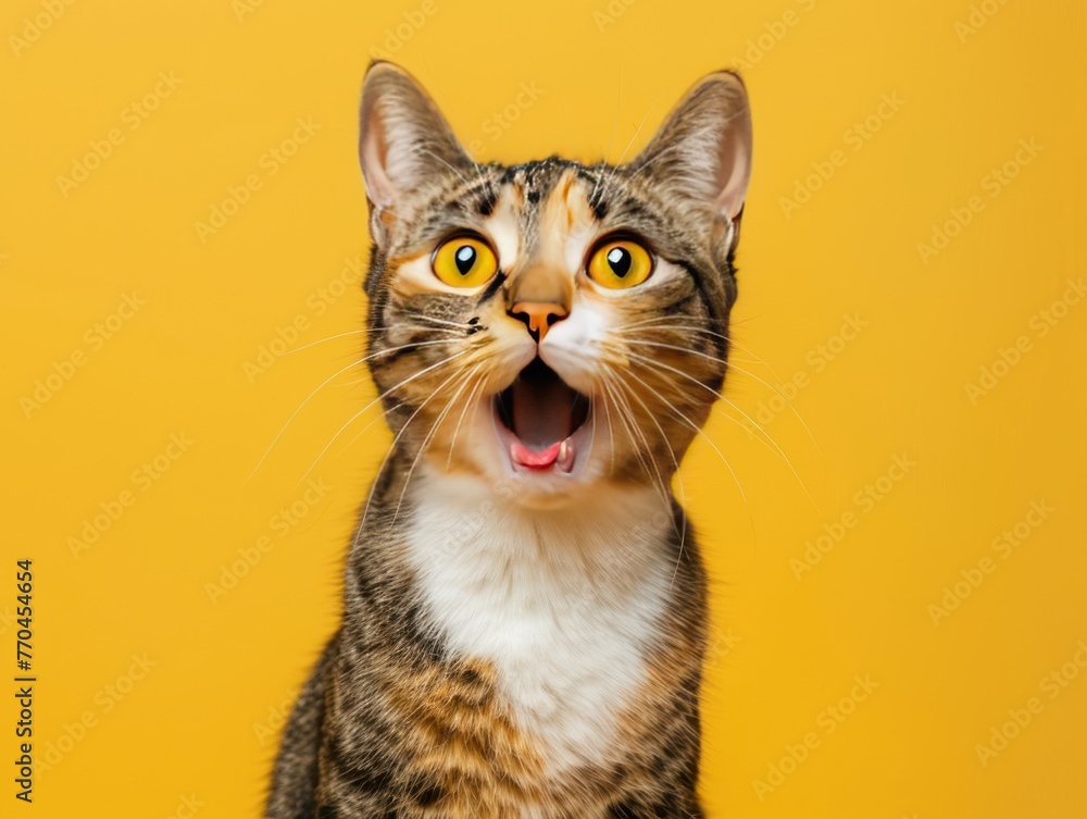 Portrait surprised cat expression on yellow background with copy space Portrait surprised cat expression on yellow background with copy space