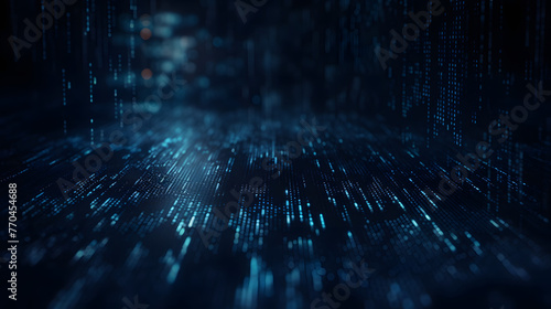 a dark blue background with a blue matrix code