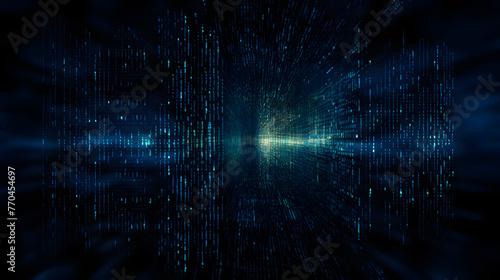 a dark blue background with a blue matrix code photo