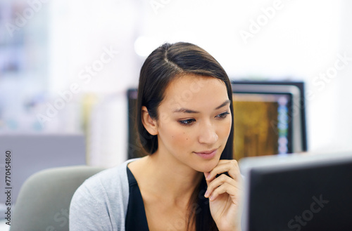 Free Download Professional woman, thinking and computer at desk in office workplace for website design and content creation. Asian female person, sitting and at laptop for research proposal tasks on internet. - GFXLoad
