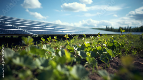 a field of solar panels with green grass