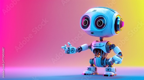 cute android robot pointing fingers at copy space on color background © Spyrydon