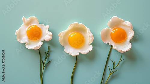 Three eggs are arranged to look like flowers on a yellow background. The eggs are placed in the center, with one on the left, in the middle, one on the right. flowers with fried eggs instead of petals photo