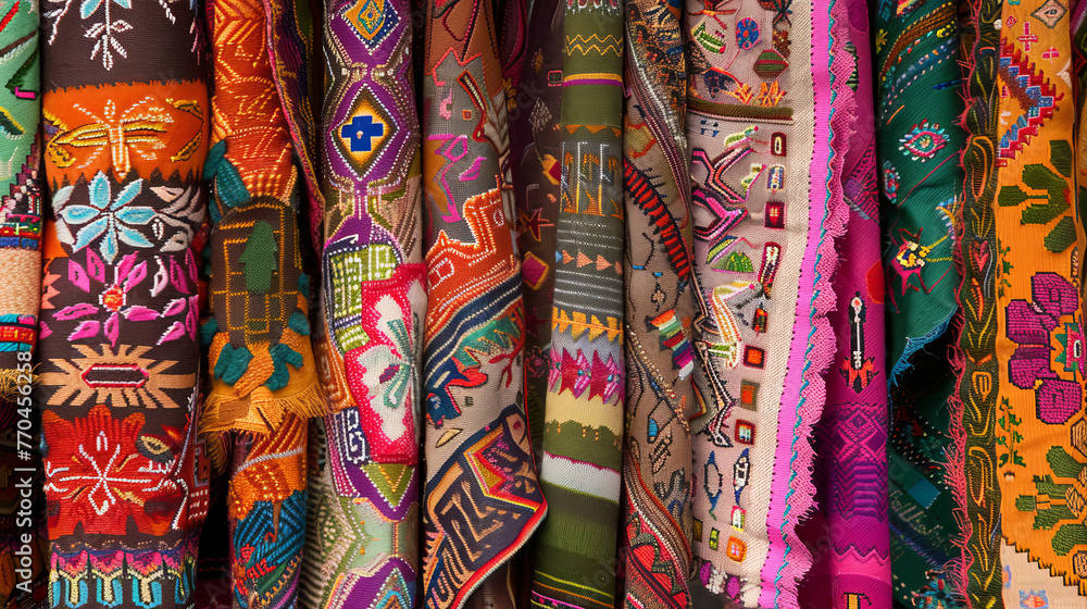 An array of ethnic textiles with intricate patterns and vibrant colors displayed in a market setting, highlighting cultural art An array of ethnic textiles with intricate patterns and vibrant colors displayed in a market setting, highlighting cultural art