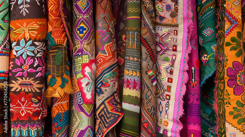 An array of ethnic textiles with intricate patterns and vibrant colors displayed in a market setting, highlighting cultural art