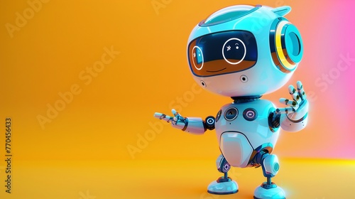 cute android robot pointing fingers at copy space on color background © Vlad Kapusta