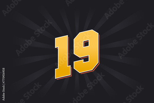 Number 19 vector font alphabet. Yellow 19 number with black background