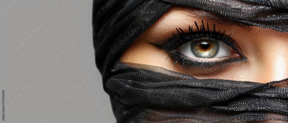   A woman's face in focus with black veil and scarf covering eyes