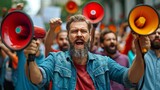   A man with a beard holds two red and yellow megaphones in front of a crowd of bearded men