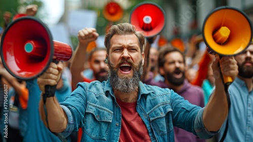  A man with a beard holds two red and yellow megaphones in front of a crowd of bearded men