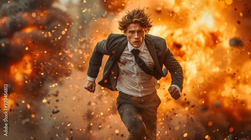  Man in suit and tie sprinting amidst fiery explosions © Jevjenijs