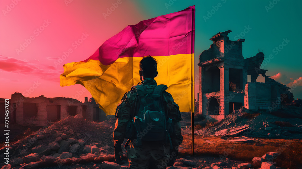 a soldier in an army uniform holds a flag over the ruins at sunset - obrazy, fototapety, plakaty 