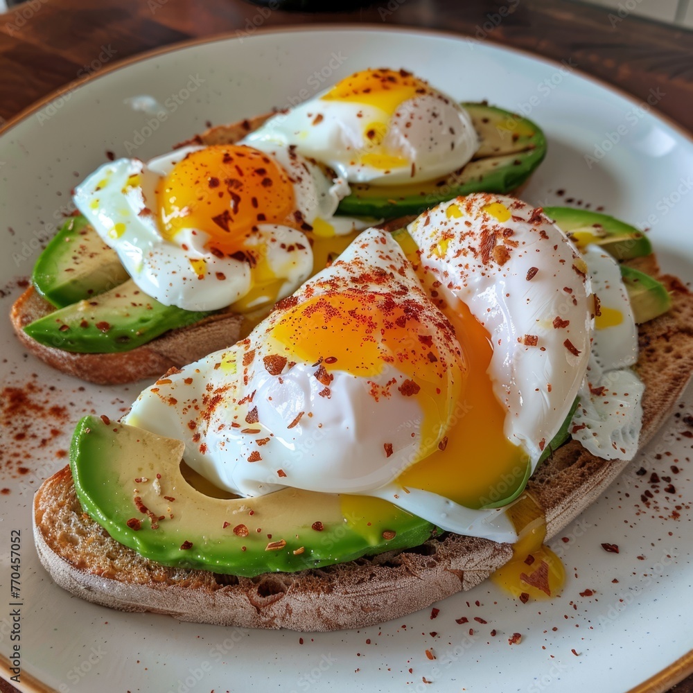 Φωτογραφία An Australian breakfast featuring avocado toast, perfectly ripe avocado slices on sourdough, topped with poached eggs and chili flakes