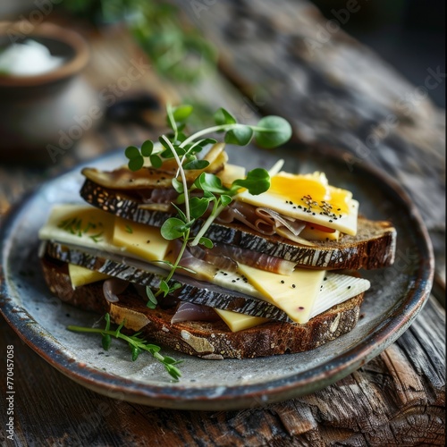 A Danish breakfast with smorrebrod , an open-faced sandwich on rye bread, layered with pickled herring, cheese, and fresh herbs.