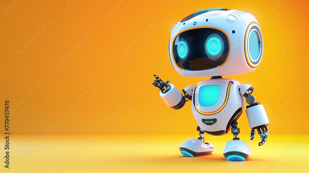 cute android robot pointing fingers at copy space on color background cute android robot pointing fingers at copy space on color background
