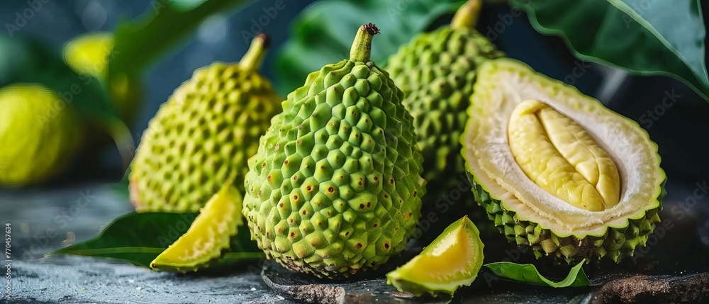 A cluster of fruits resting on a gray surface near a leafy plant A cluster of fruits resting on a gray surface near a leafy plant