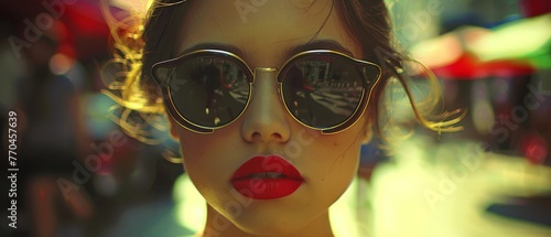  A mannequin's face with sunglasses and red lipstick is visible through a pair of sunglasses