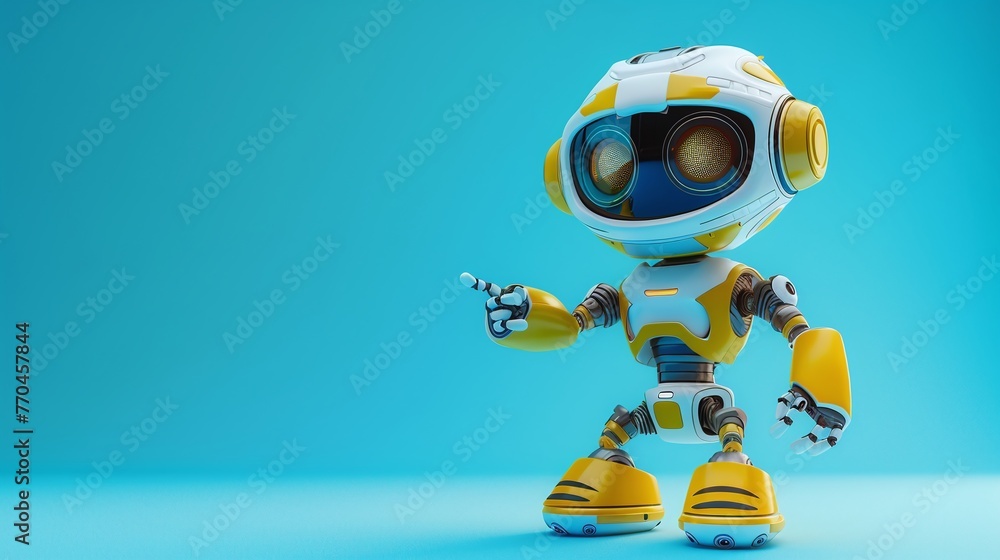 cute android robot pointing fingers at copy space on color background cute android robot pointing fingers at copy space on color background