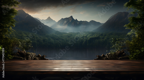 a wooden table and mountain background in the forest photo