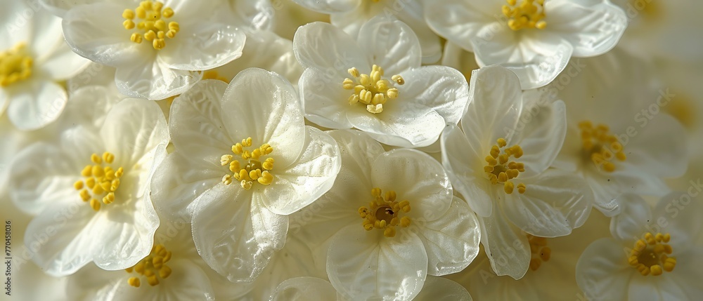 A close-up image of several white flowers featuring yellow stamens within their petals A close-up image of several white flowers featuring yellow stamens within their petals