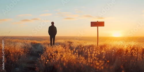 Silhouetted Figure at Crossroads Signpost Gazing Towards Sunset Horizon Amidst Peaceful Meadow Landscape