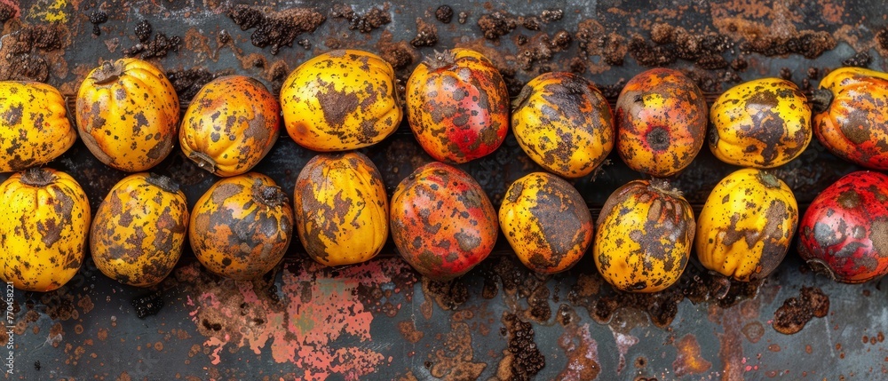   A cluster of golden and crimson fruits atop a weathered steel platform beside a mound of soil