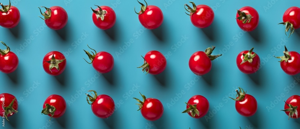 A row of ripe red tomatoes against a blue backdrop, with their shadows visible A row of ripe red tomatoes against a blue backdrop, with their shadows visible