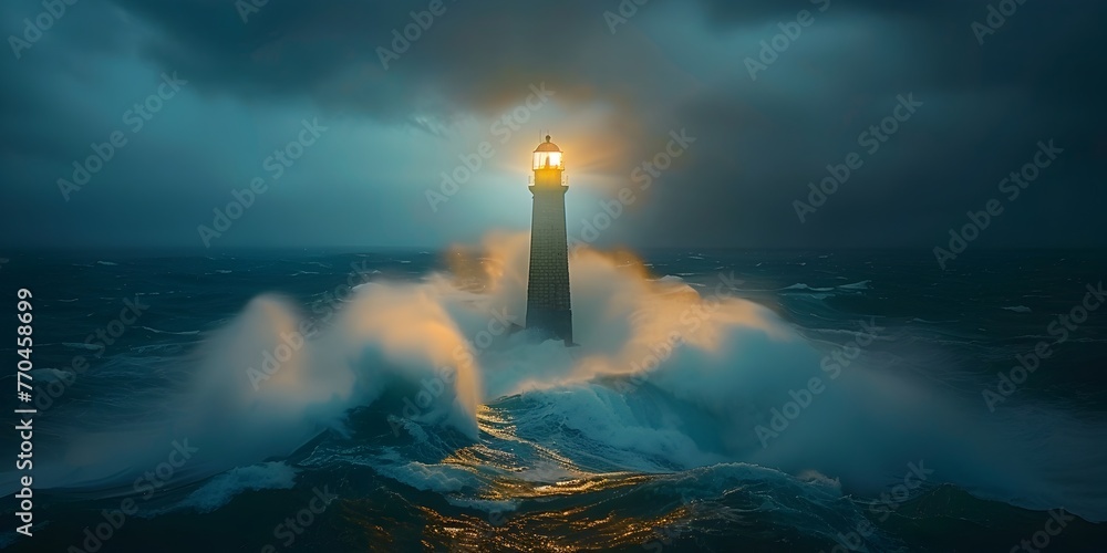 Lighthouse Beacon Shining Over Stormy Seas Offering Guidance Through Raging Nature s Might