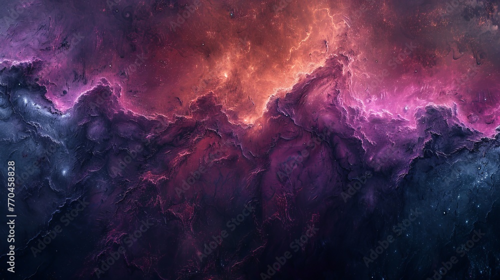   A digital picture portraying a lilac and azure atmosphere with a scarlet and magenta nebulous mass positioned centrally within - obrazy, fototapety, plakaty 