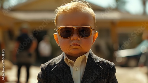   A child in a suit and sunglasses, facing the camera, with a person in the background also wearing a suit and sunglasses