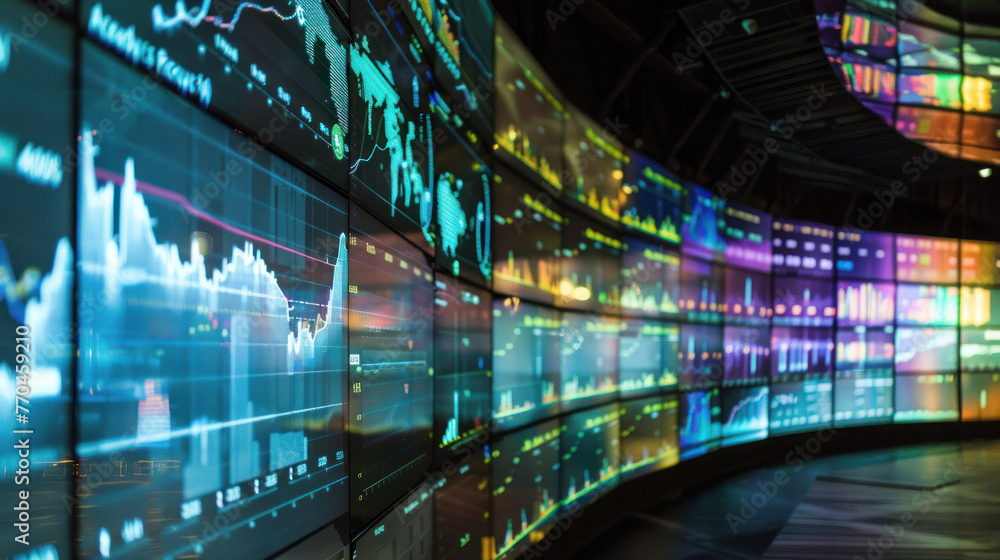 Fototapeta premium A series of large monitors presenting colorful and complex stock market analytics in an control center