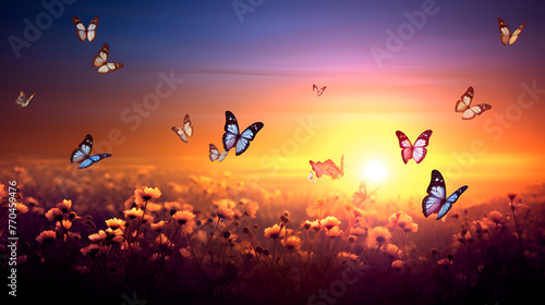meadow with flowers and sunset sky Flying Butterflies with sun flower in background nature photography 