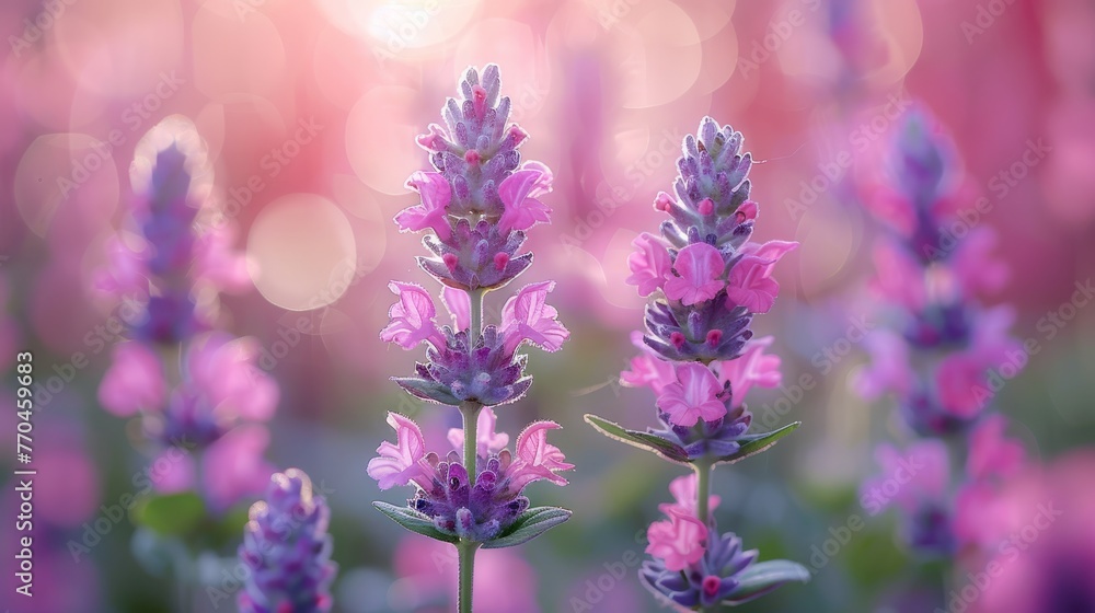 Close-up of colorful flowers with a soft backdrop of pink and purple blossoms Close-up of colorful flowers with a soft backdrop of pink and purple blossoms