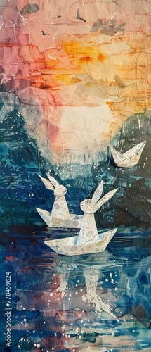 Easter bunnies launching handmade paper boats, playful watercolors, low angle, twilight river shimmer