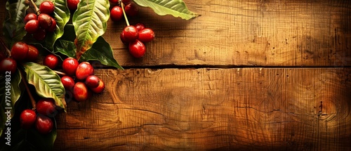  Close-up photo of various cherries on wood surface with green foliage and red berries on tree branch